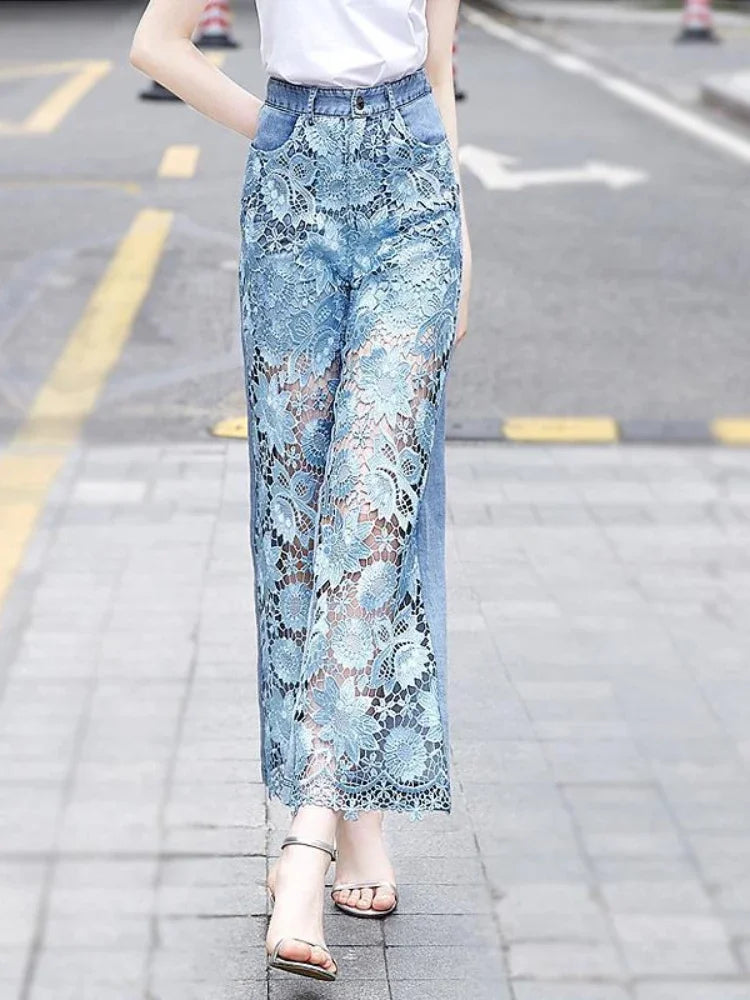Lace Patchwork Hollow Out Loose Jeans