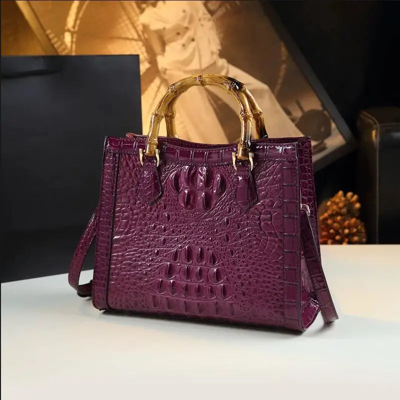 Crocodile Leather Tote Bag with Bamboo Handle