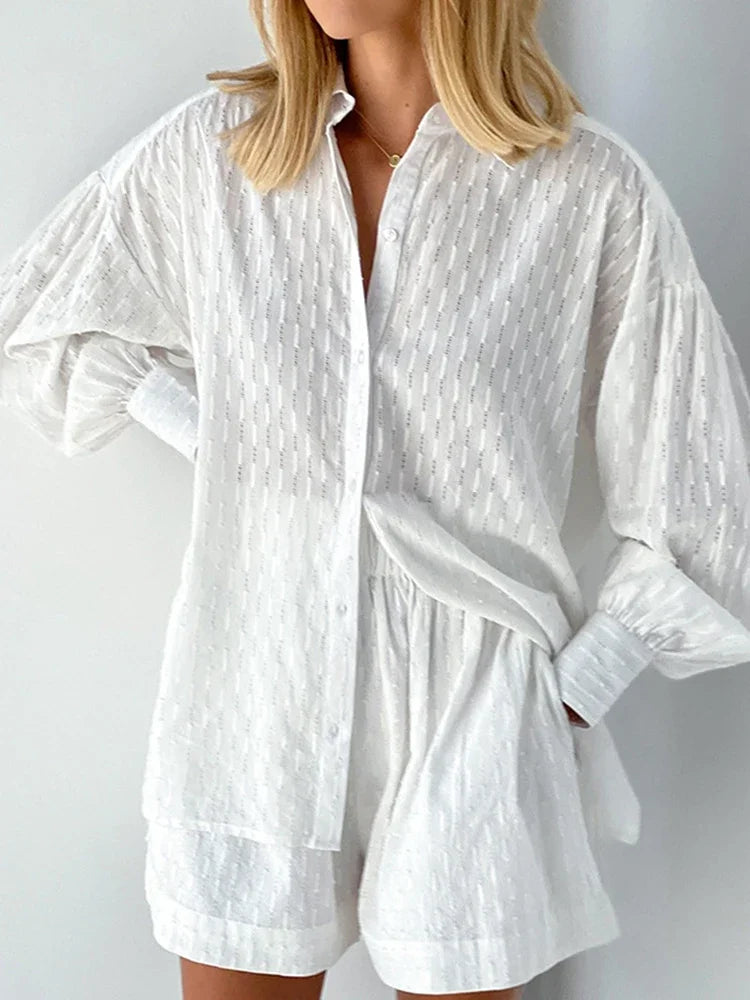 Women Jacquard Puff Sleeves Two Piece Sets for Summer Fashion Loose Shorts and Long Sleeved Shirt Outfits
