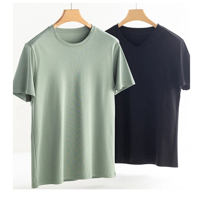 Birdtree 7% Silk 62% Cotton Short Sleeve T-Shirt Men Thin Loose Breathable Basic Solid Cultural T-Shirt 2024 Summer T41479QC