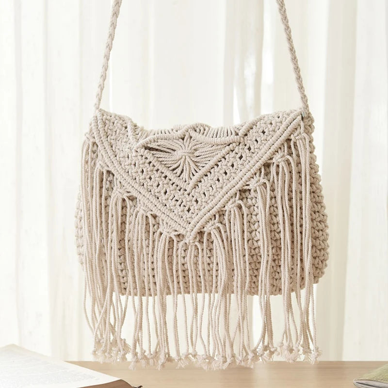 Handmade Cotton Woven Tassel Crossbody Bag for Women