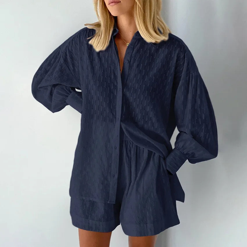 Women Jacquard Puff Sleeves Two Piece Sets for Summer Fashion Loose Shorts and Long Sleeved Shirt Outfits