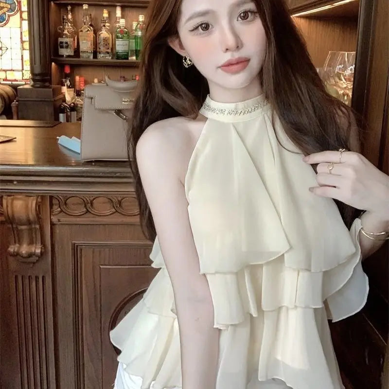 Tiered Ruffle Chiffon Halter Blouse