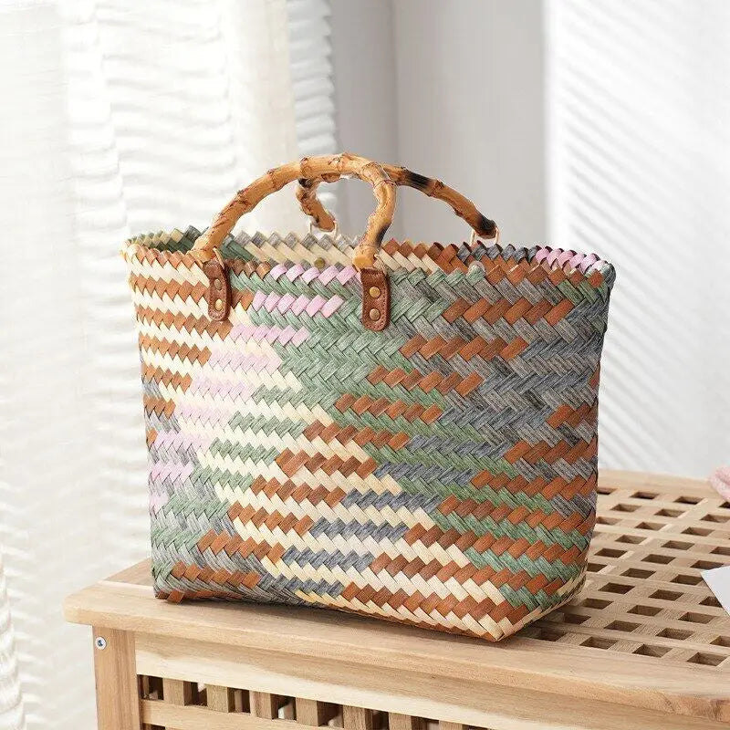 Vintage Rattan Woven Basket Bag with Bamboo Handle