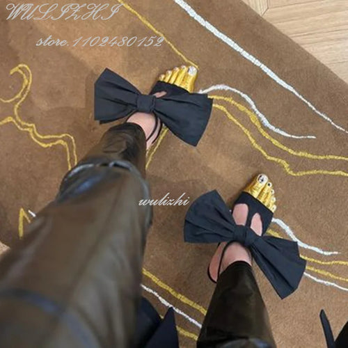 Big Bow Metallic Split Toe Stiletto Heels with Ankle Strap