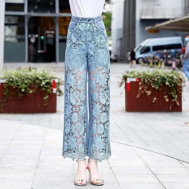 Lace Patchwork Hollow Out Loose Jeans