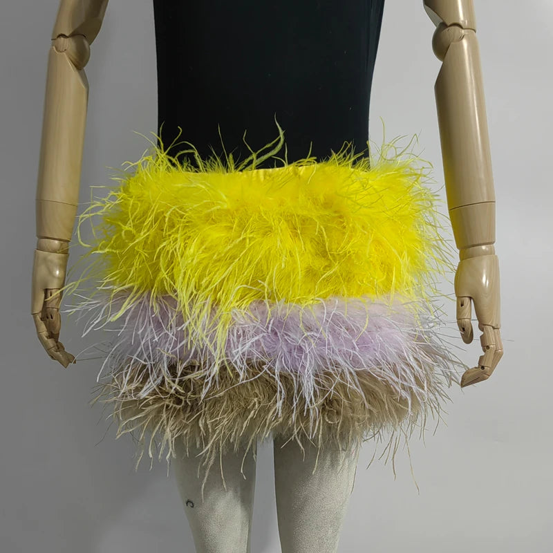 True ostrich feather Multicolor Mini Skirt Elastic Waist  Sexy Clothing Club Party Dance Rave Short Skirt Note select 3 colors