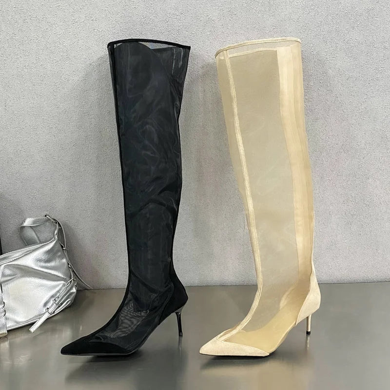 Eilyken Mesh Pointed Toe Over-the-Knee Boot Sandals with Zipper