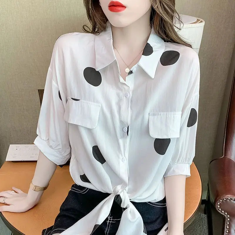 Polka Dot Bow Tie Oversized Blouse