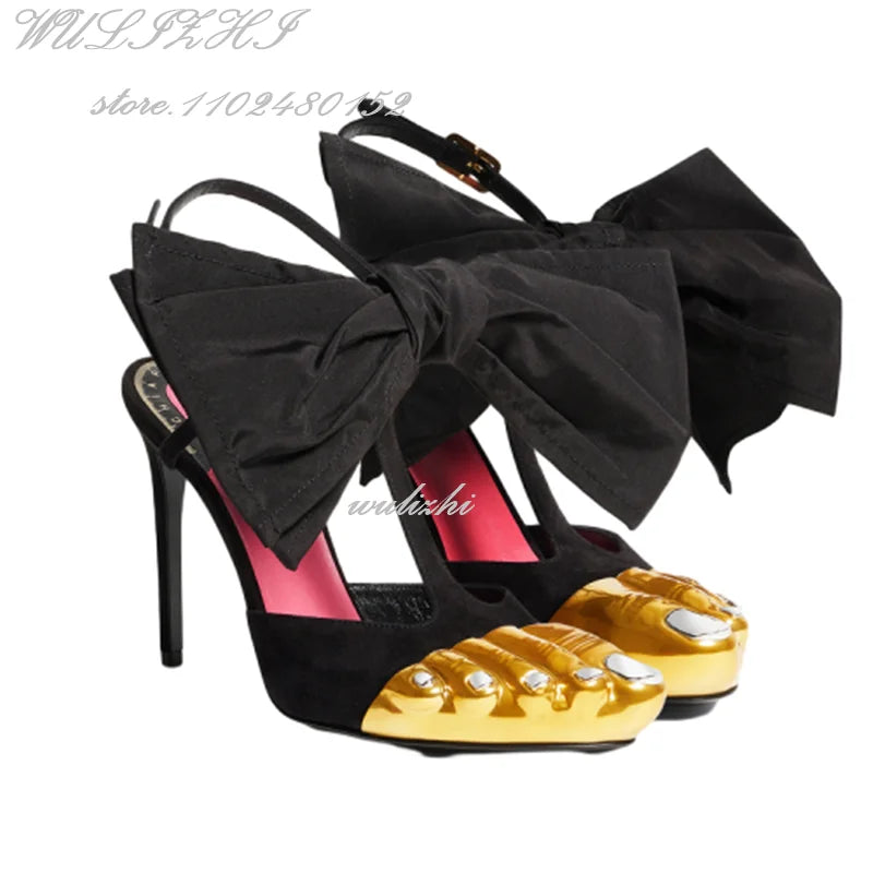 Big Bow Metallic Split Toe Stiletto Heels with Ankle Strap