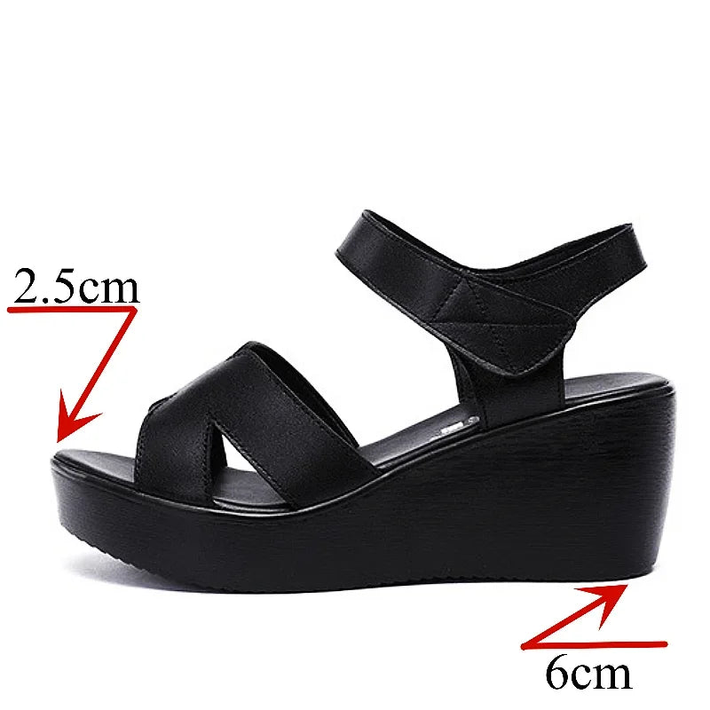 Soft Leather Med Heel Wedge Sandals for Office Beach Plus Size 33-43