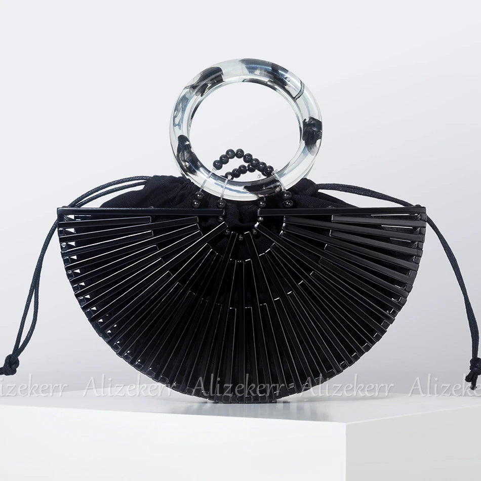 Vintage Half Round Bamboo Beach Bag with Acrylic Handle
