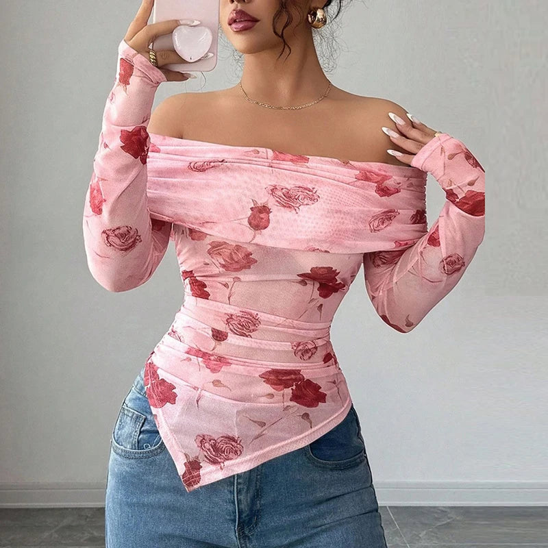 Printed Off-Shoulder Irregular Hem Top