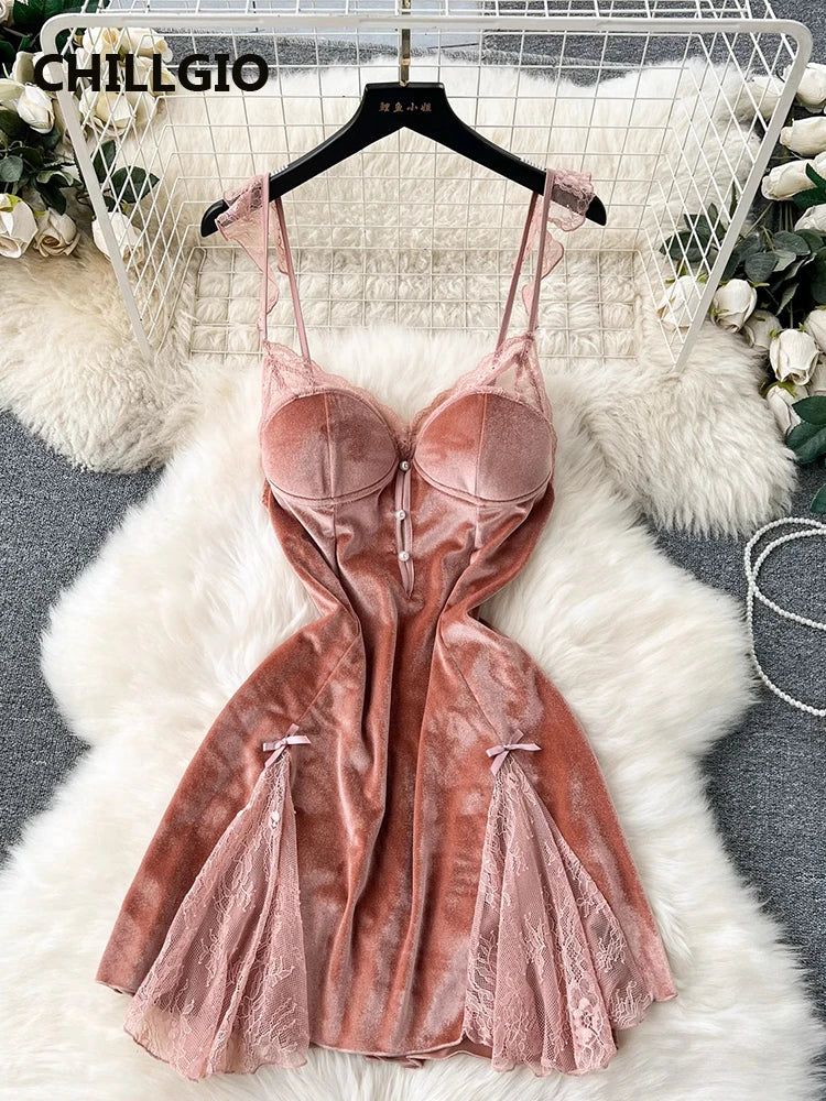 Beaded Velour Lace Patchwork Slip Dress
