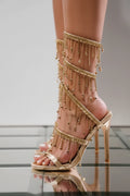 Silk Rhinestone String Bead Ankle Strap High Heels