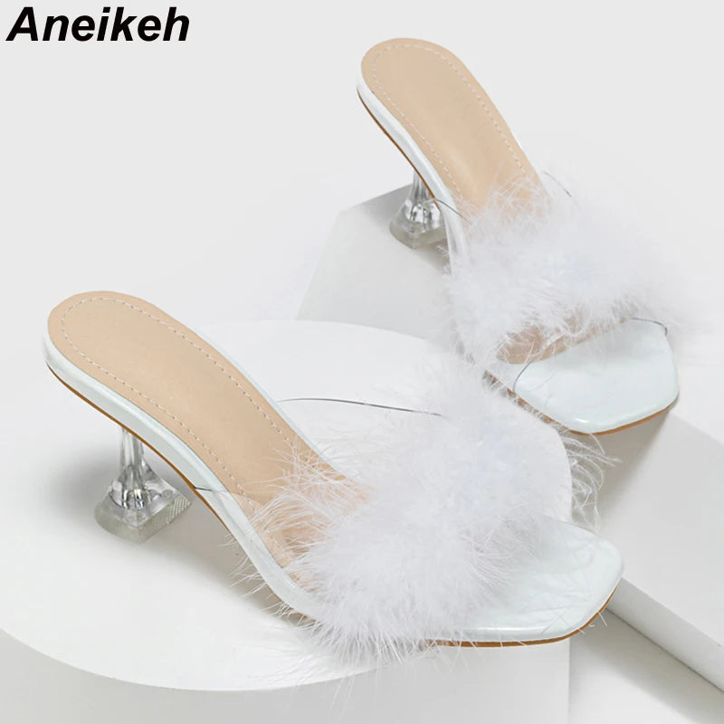 Aneikeh Feather Decorative PVC Transparent Kitten Heel Sandals