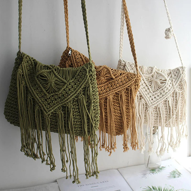 Handmade Cotton Woven Tassel Crossbody Bag for Women