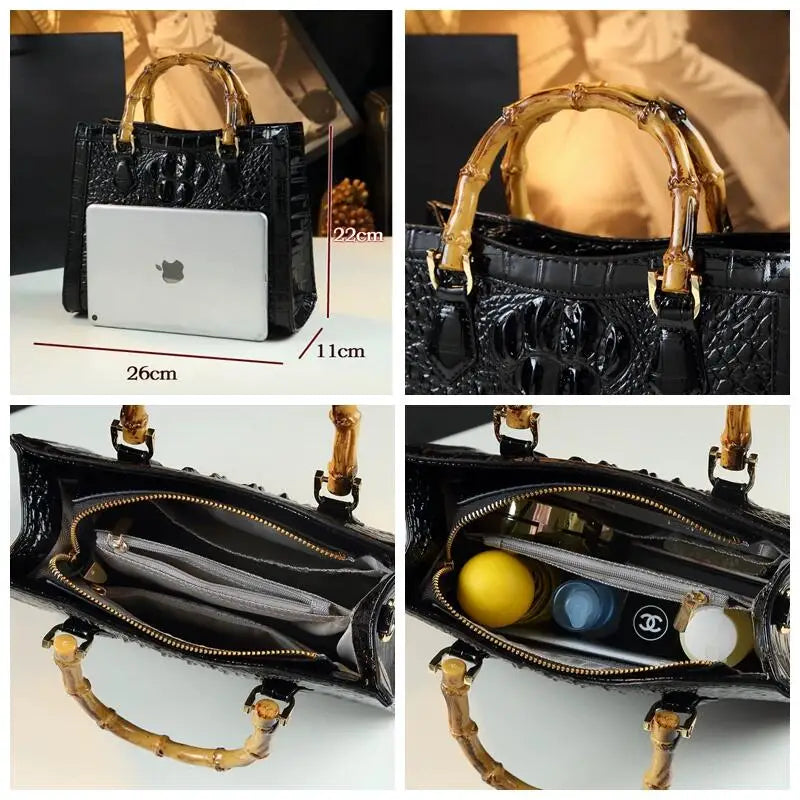 Crocodile Leather Tote Bag with Bamboo Handle