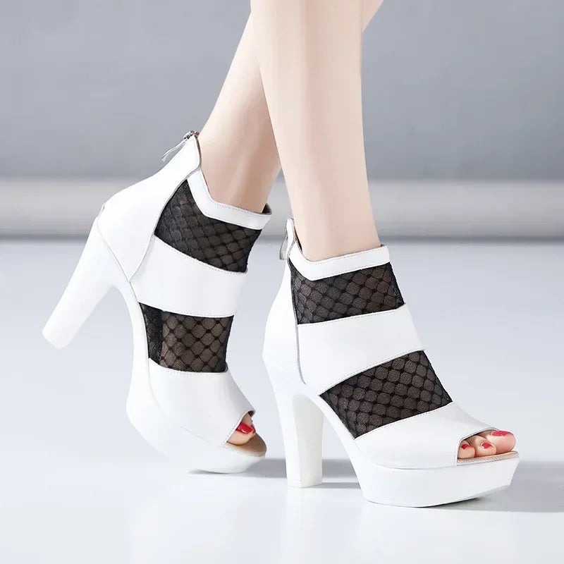 Peep Toe Cutout Lace Soft Leather Block High Heel Gladiator Sandals Size 32-43