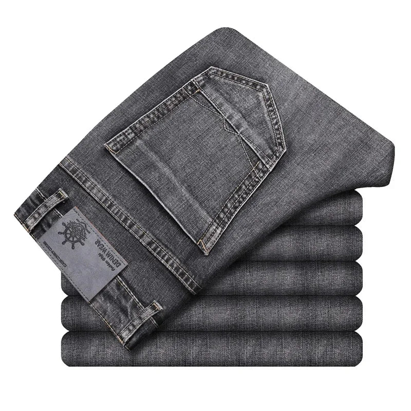 2024 Cotton Stretch Jeans Business Casual Men's Thin Denim Jeans Grey Spring Summer Brand New Fit Straight Lightweight