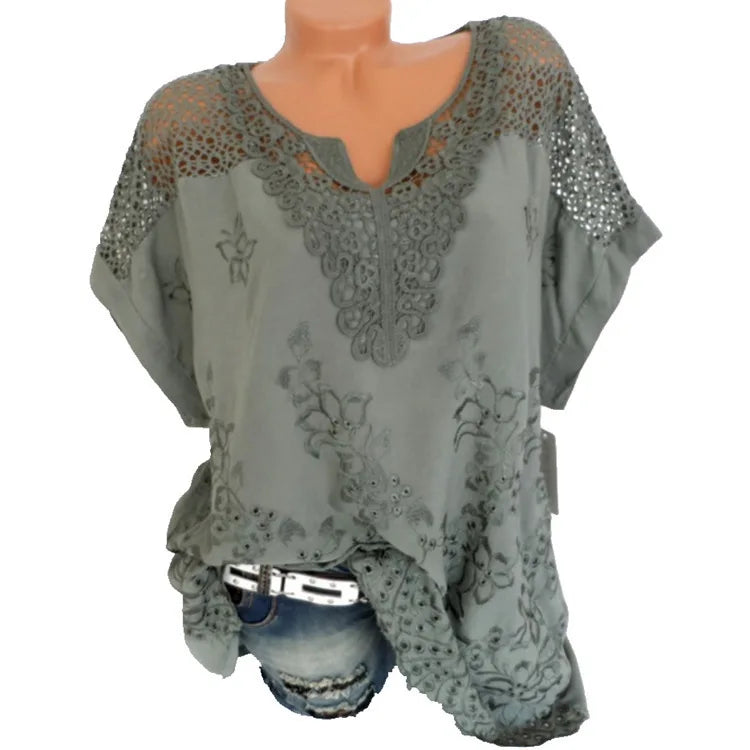 White Lace Patchwork Short Sleeve Blouse