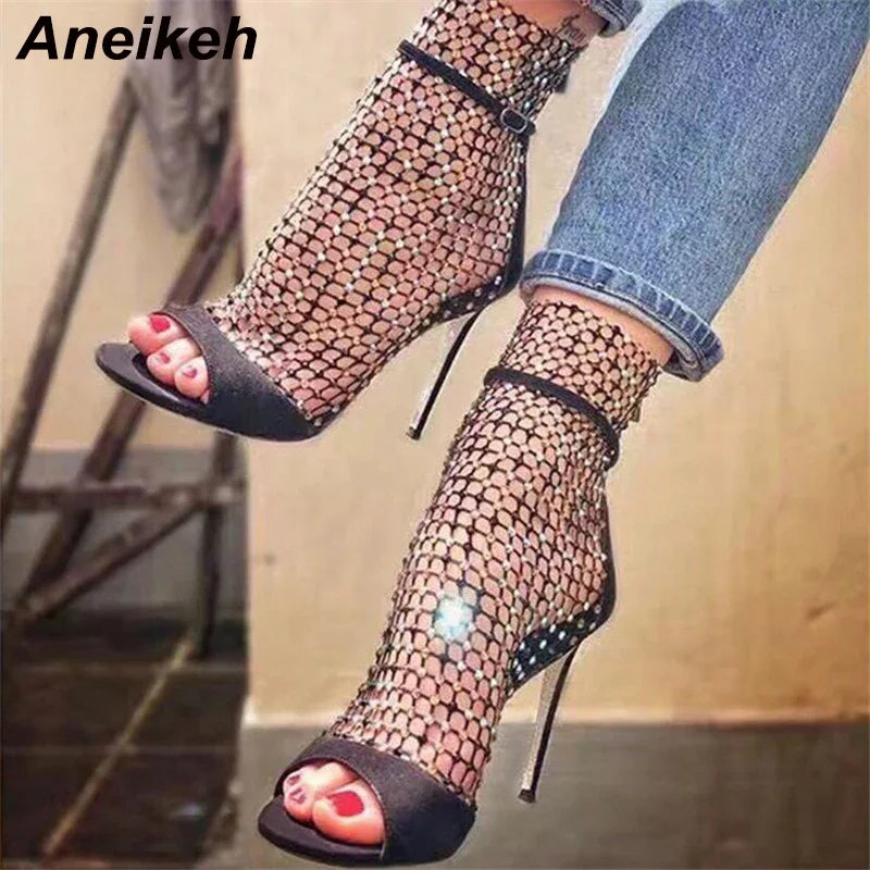 Aneikeh Glitter Gladiator Air Mesh Sexy Sandals High Heel Peep Toe Stripper Zipper Party Thin Heels Pumps