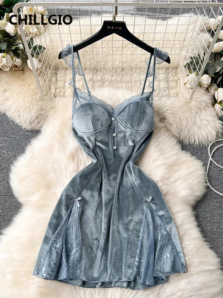 Beaded Velour Lace Patchwork Slip Dress