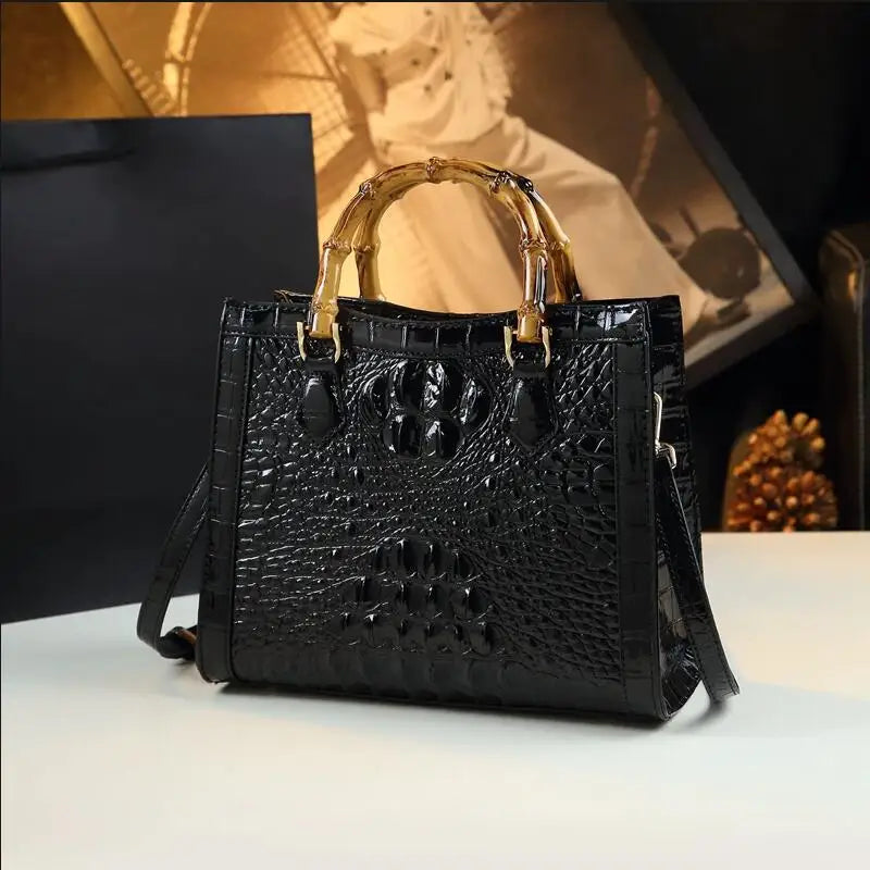 Crocodile Leather Tote Bag with Bamboo Handle