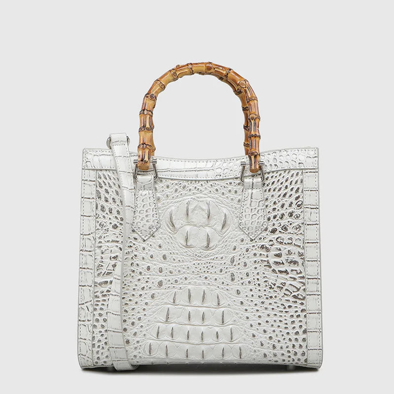 Crocodile Pattern Leather Shoulder Bag with Bamboo Handle
