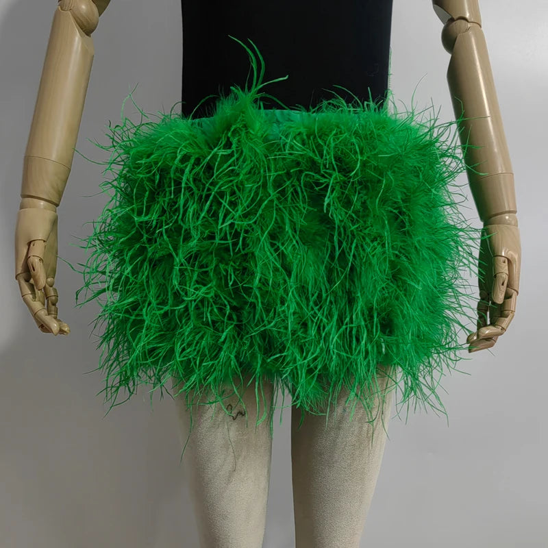 True ostrich feather Multicolor Mini Skirt Elastic Waist  Sexy Clothing Club Party Dance Rave Short Skirt Note select 3 colors