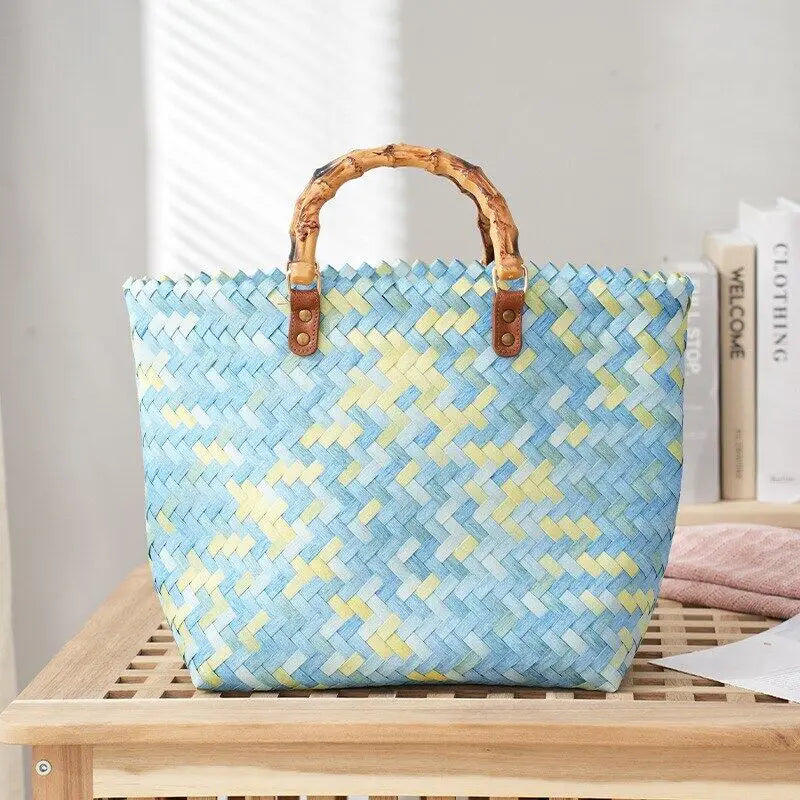 Vintage Rattan Woven Basket Bag with Bamboo Handle