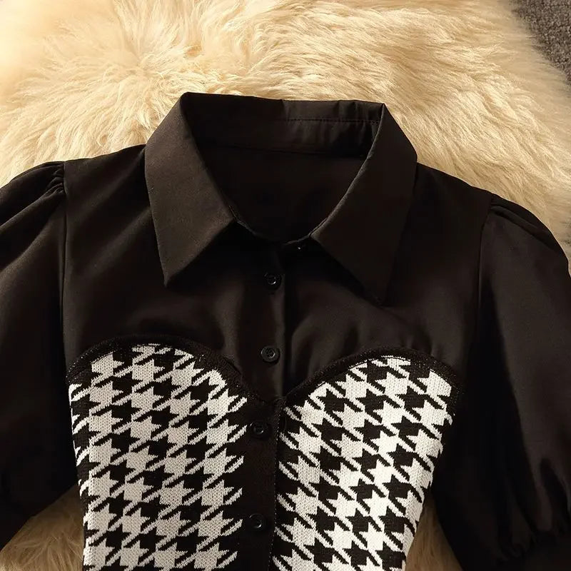 Houndstooth Polo Collar Puff Sleeve Top