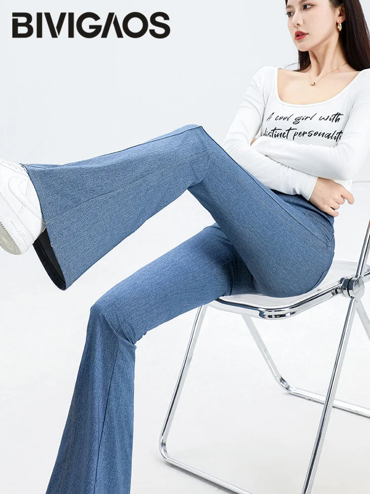 BIVIGAOS 2025 Spring New Jeans Flared Leggings Pants Women High Waist Pocket Stretch Fitness Leggings Slim Tight Sexy Jeggings