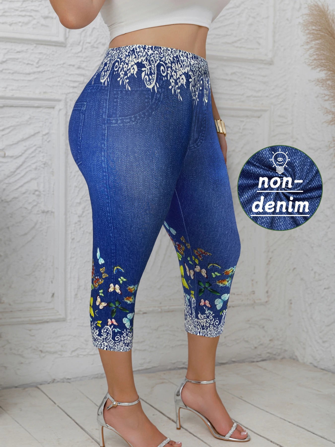 Butterfly Print Denim-Look Capri Leggings