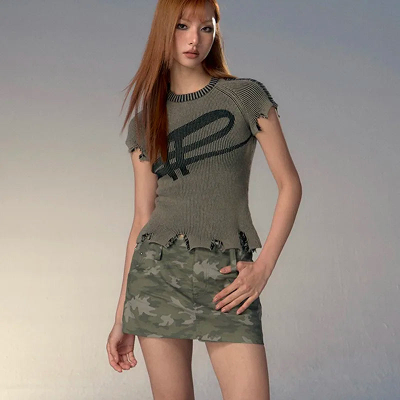 Grunge Distressed Ribbed Crop Top