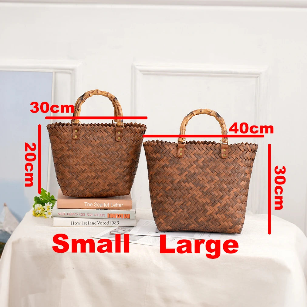 Vintage Rattan Woven Basket Bag with Bamboo Handle