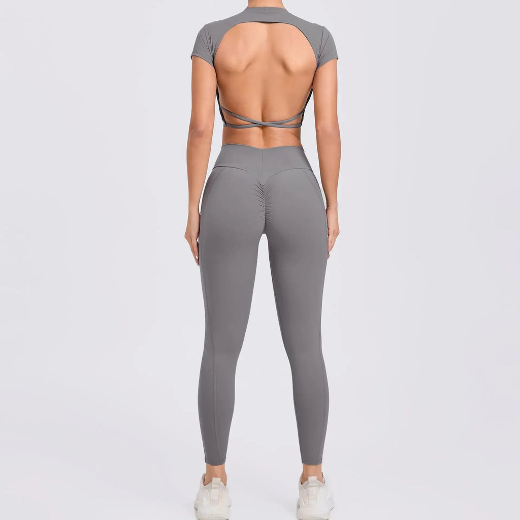 Cross Backless Sporty Set Women 2 Piece Sportswear Short Sleeve Training Suit for Fitness Yoga Wear Female Gym Workout Clothes