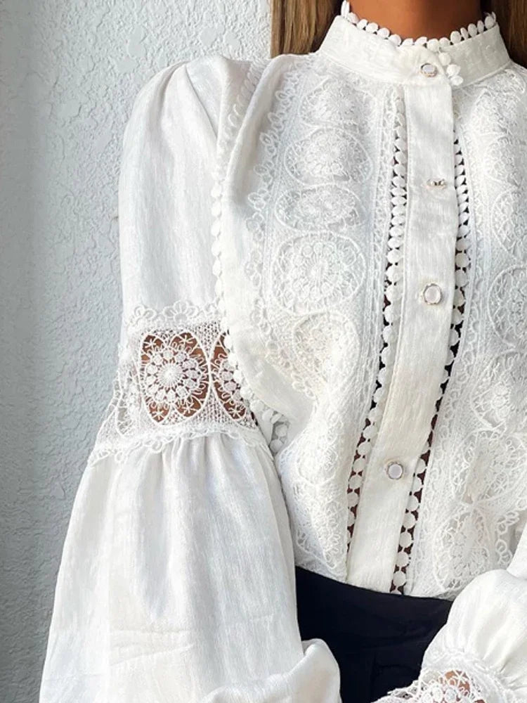 White Lace Puff Sleeve Blouse