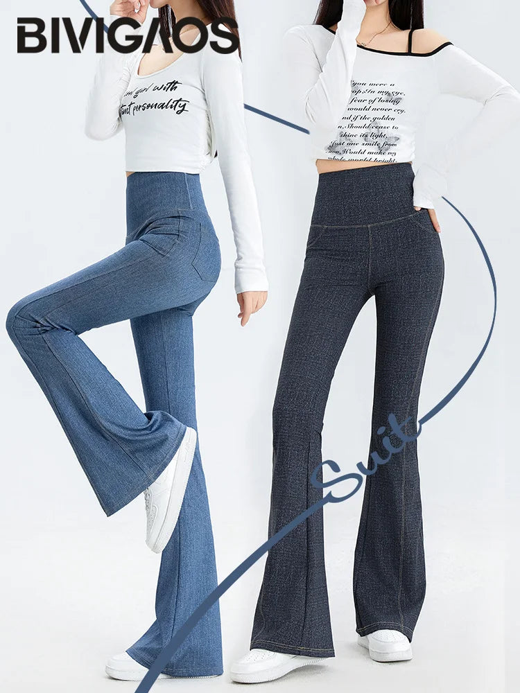 BIVIGAOS 2025 Spring New Jeans Flared Leggings Pants Women High Waist Pocket Stretch Fitness Leggings Slim Tight Sexy Jeggings