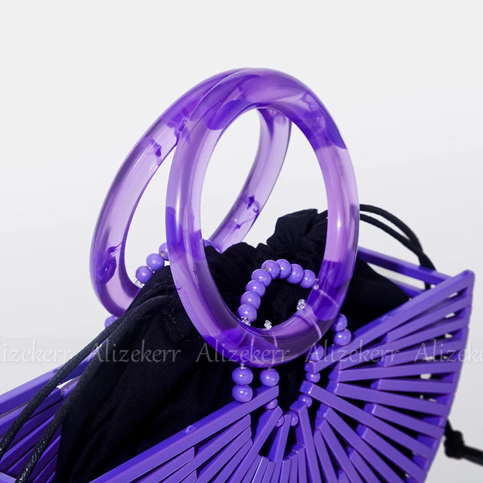 Vintage Half Round Bamboo Beach Bag with Acrylic Handle