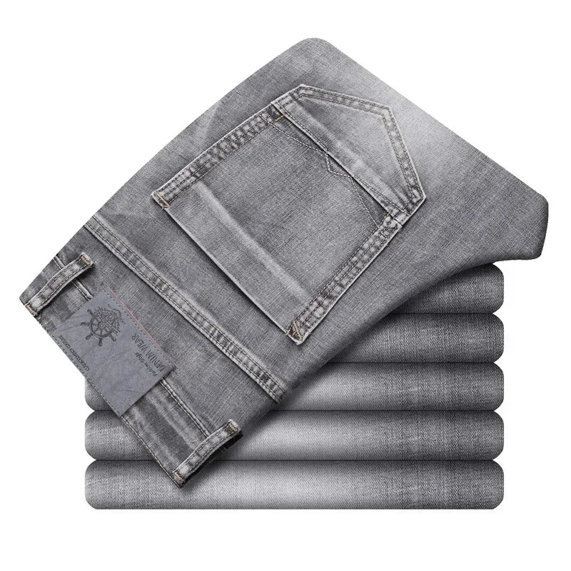 2024 Cotton Stretch Jeans Business Casual Men's Thin Denim Jeans Grey Spring Summer Brand New Fit Straight Lightweight