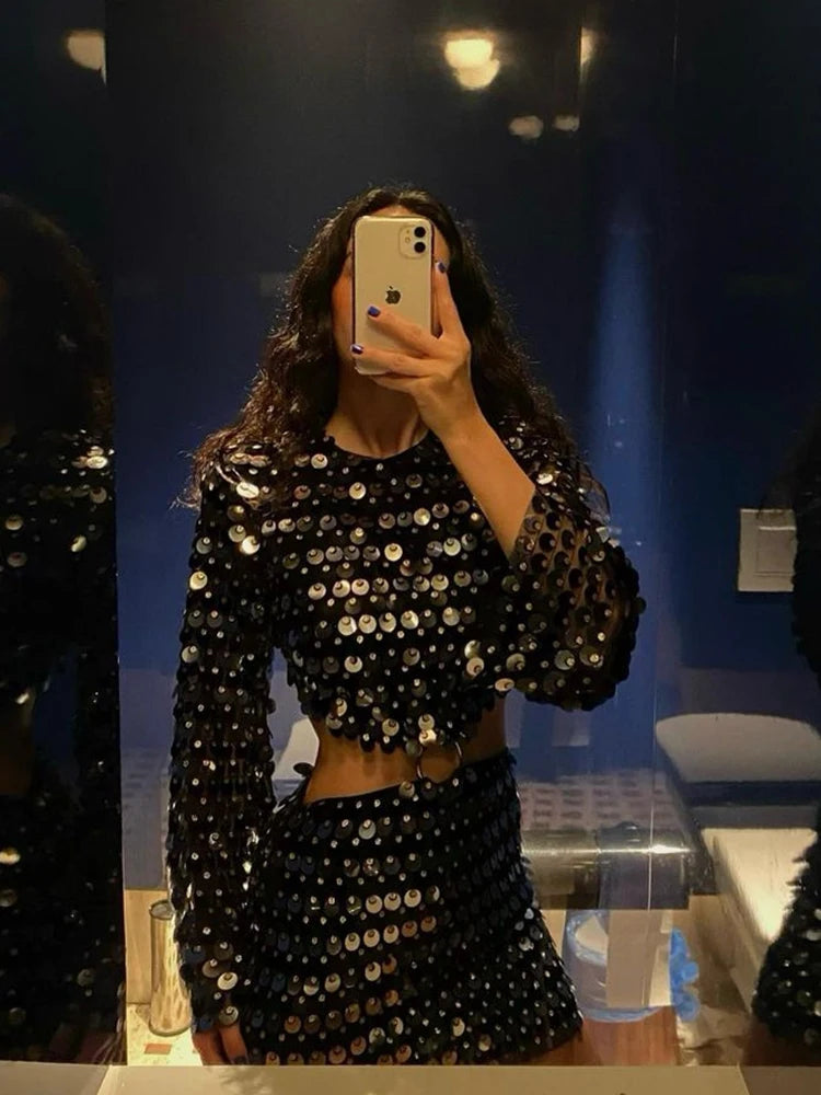 Sequin Glitter Flare Sleeve Mini Dress