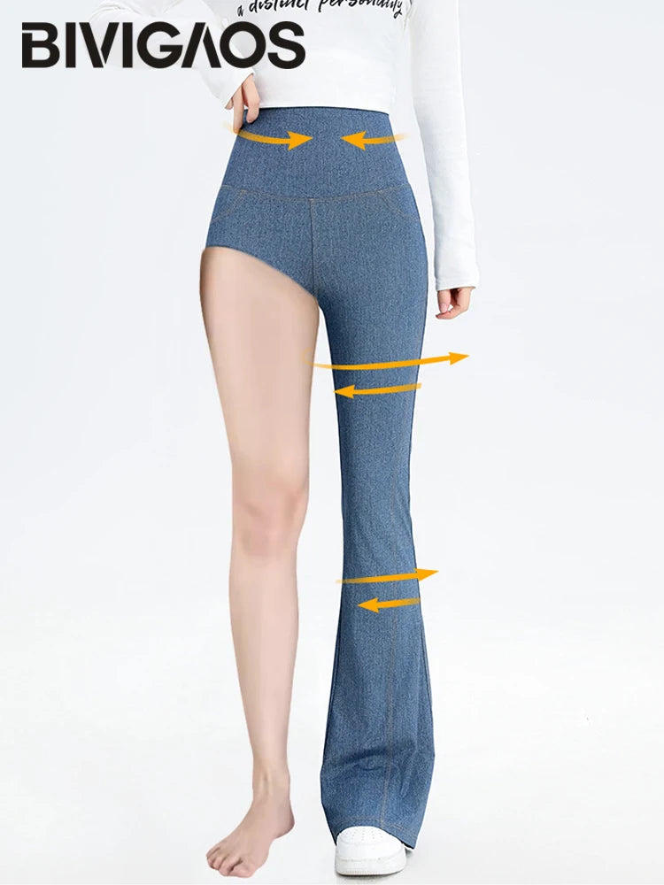 BIVIGAOS 2025 Spring New Jeans Flared Leggings Pants Women High Waist Pocket Stretch Fitness Leggings Slim Tight Sexy Jeggings