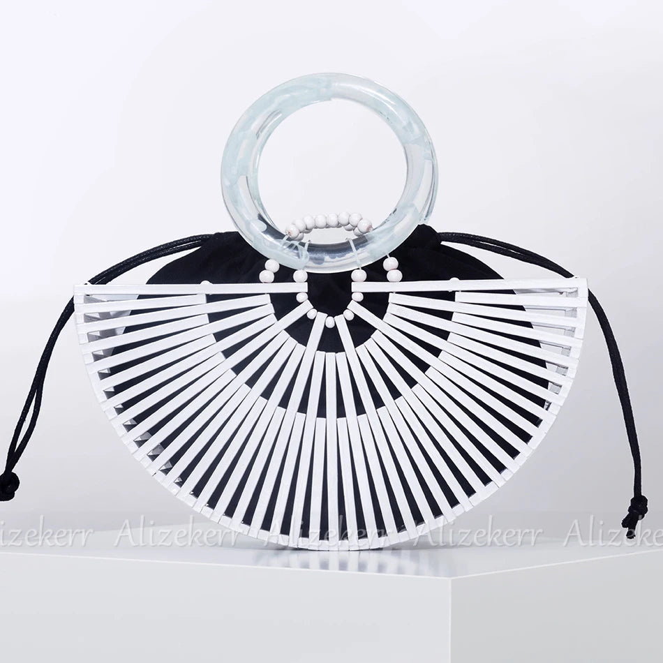 Vintage Half Round Bamboo Beach Bag with Acrylic Handle