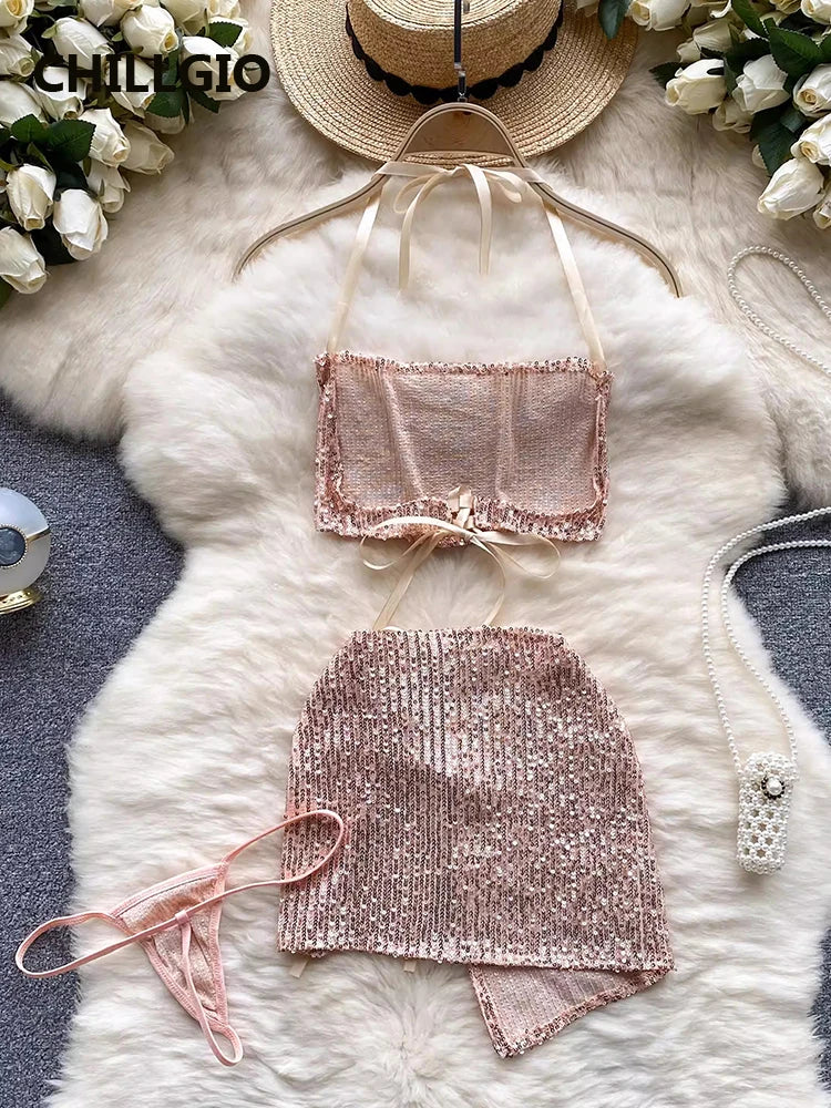CHILLGIO Women Sexy Glitter Sequins Split Skirts Suits Casual Sleepwear Tight Camisole Mini Skirt Fashion 3 Pieces Pajamas Sets