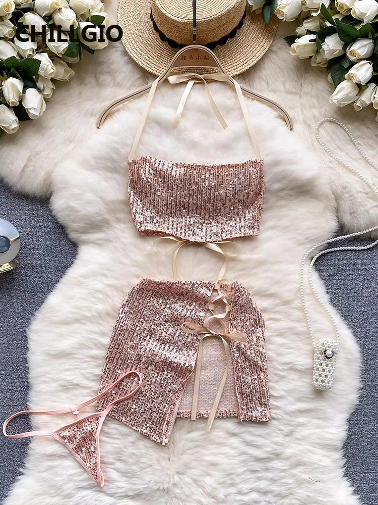 CHILLGIO Women Sexy Glitter Sequins Split Skirts Suits Casual Sleepwear Tight Camisole Mini Skirt Fashion 3 Pieces Pajamas Sets