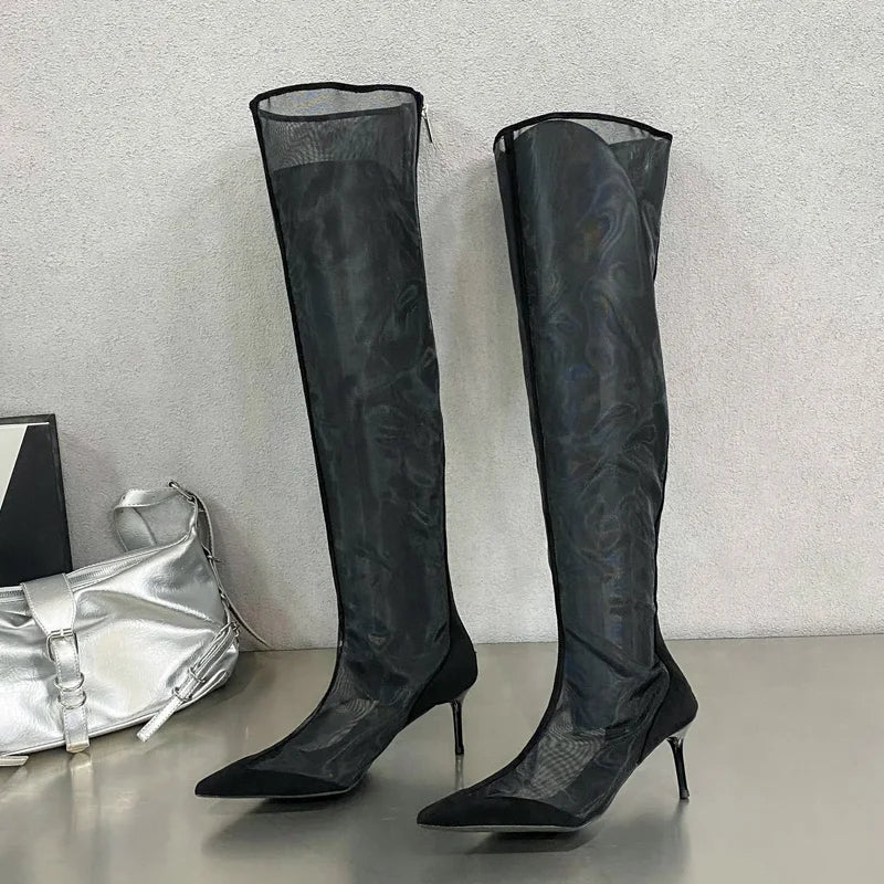 Eilyken Mesh Pointed Toe Over-the-Knee Boot Sandals with Zipper
