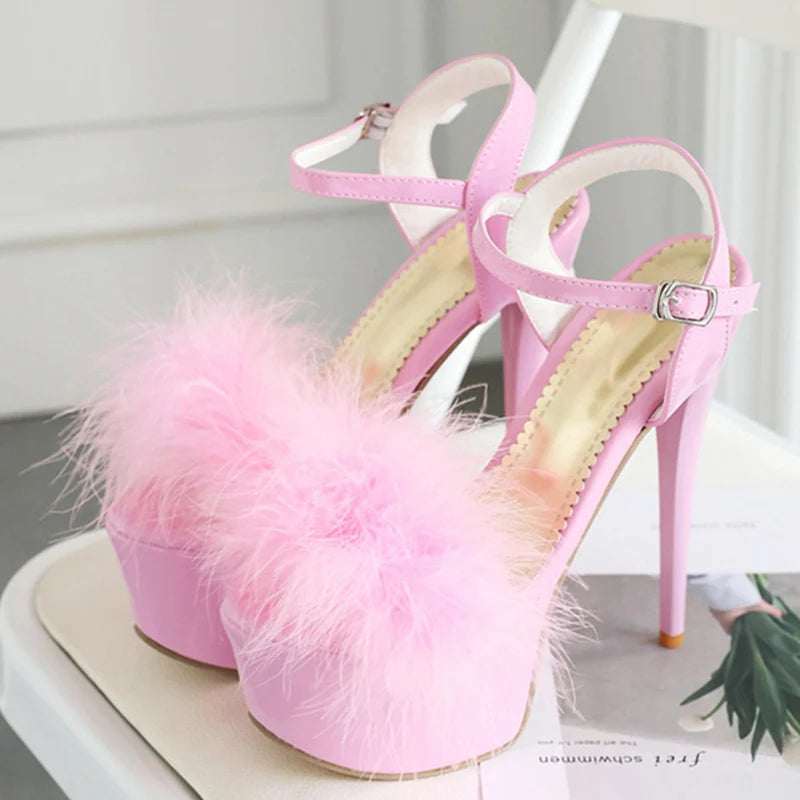 Gladiator Sandals Women Summer Platform High Heels Wedding Party Shoes Feather Dance Large Size