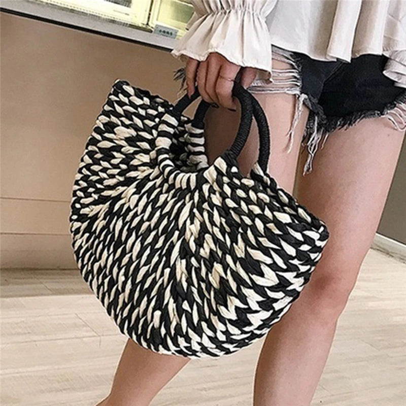 Round Bucket Straw Rattan Handbag for Women