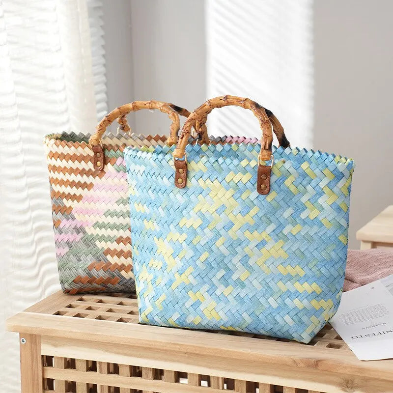 Vintage Rattan Woven Basket Bag with Bamboo Handle